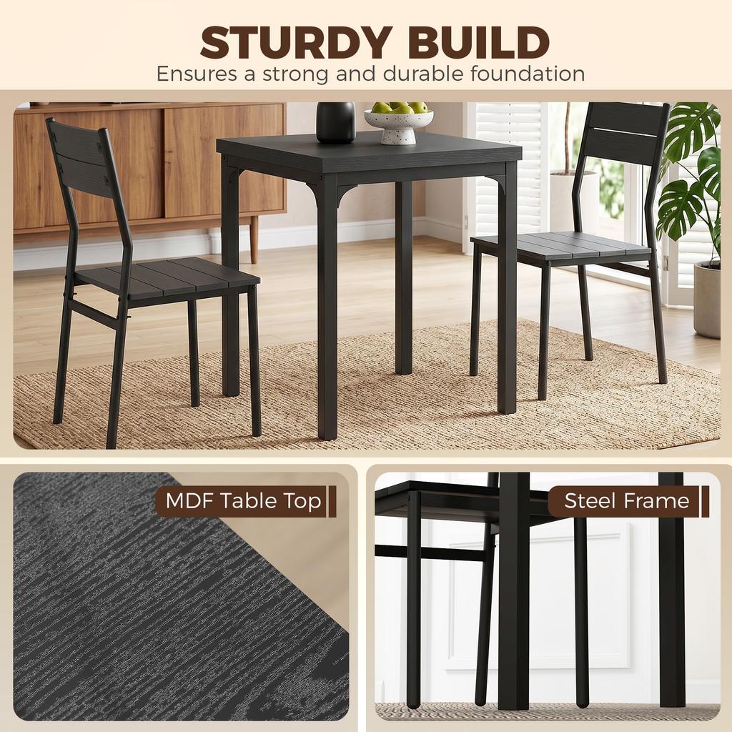 3 Piece Space-Saving Kitchen Table and Chairs, Dining Table Set for 2 with Metal Legs, Black Wood Effect