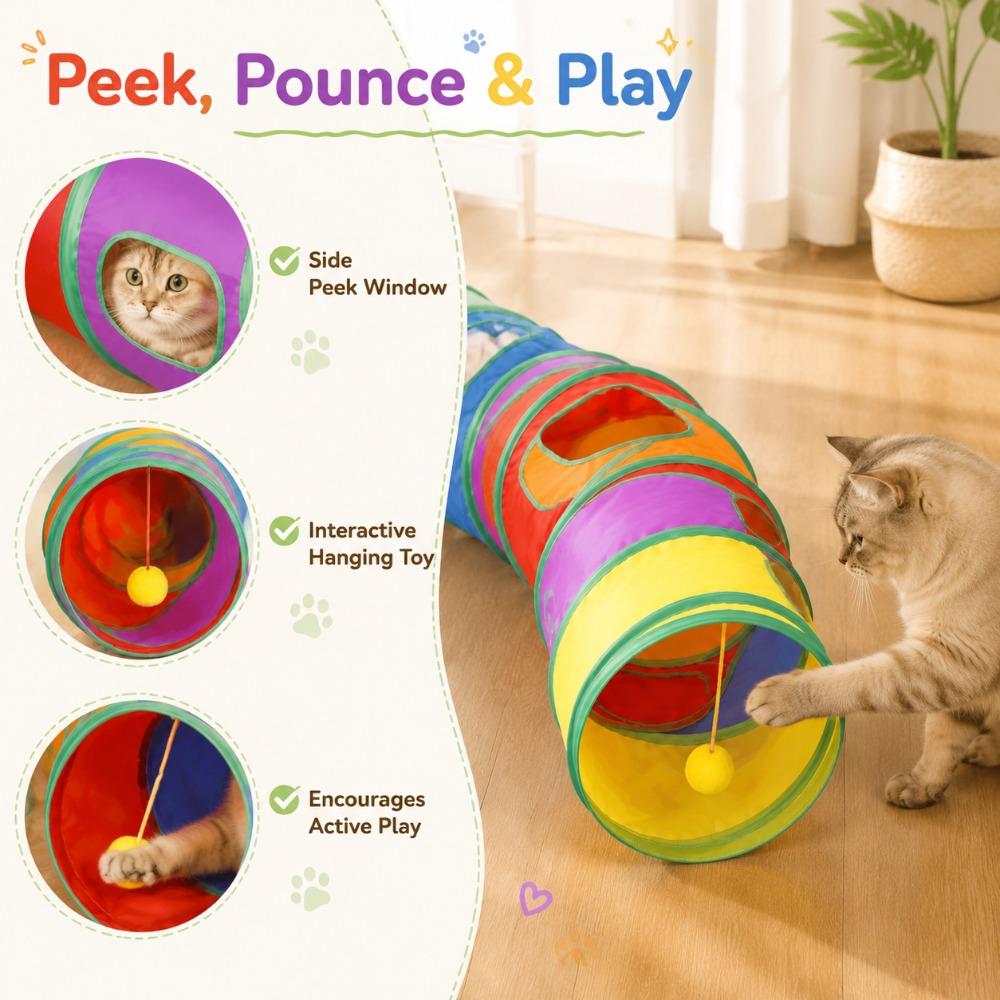 Rainbow Cat Tunnel Toy Folding Pet Play Tubes with Crinkle Paper & Bell Ball for Indoor Cats Rabbits Small Animals S I Y Shape