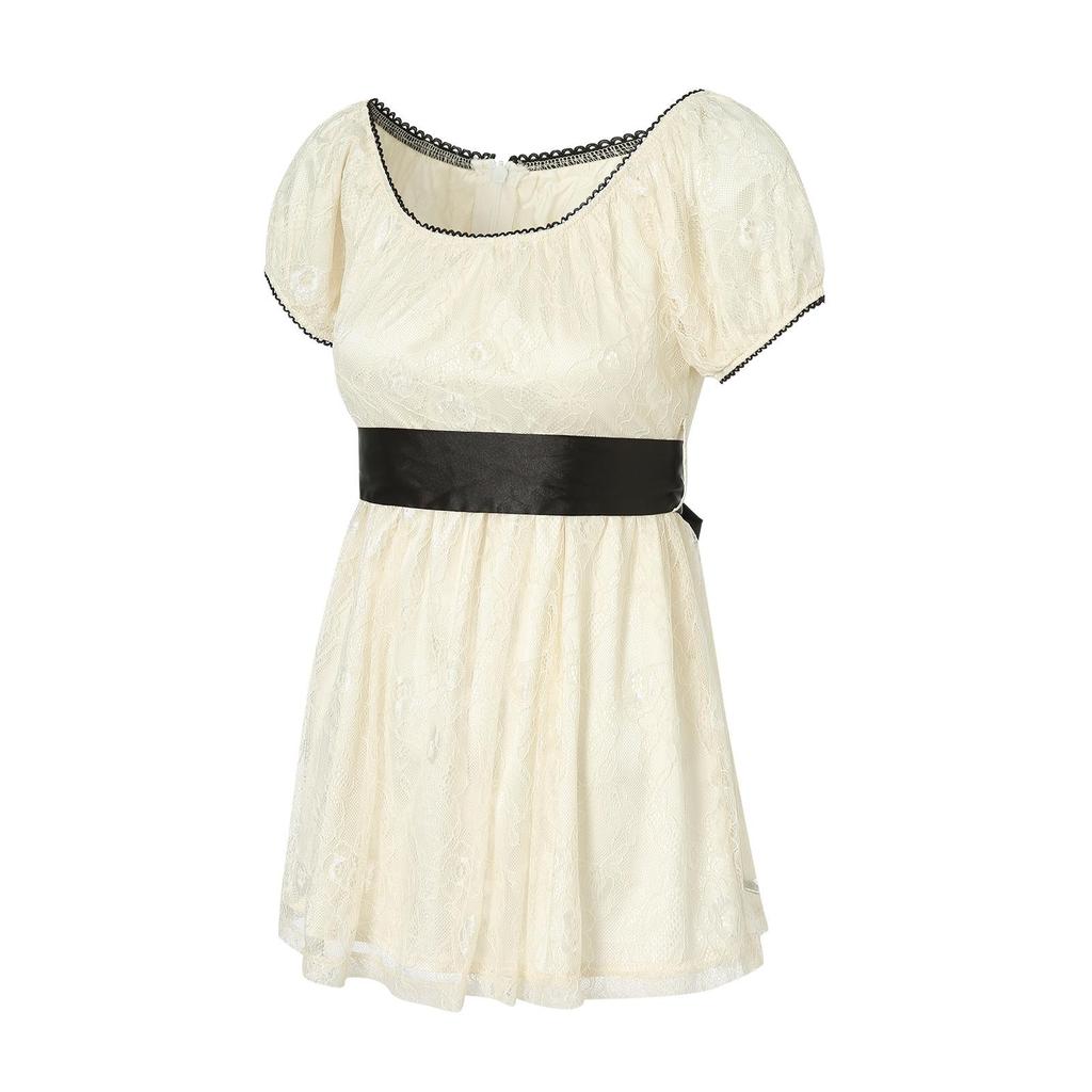 Women Long Tops, Patchwork Short Sleeve A-line Shirt Vintage Girl Lace Holiday Streetwear