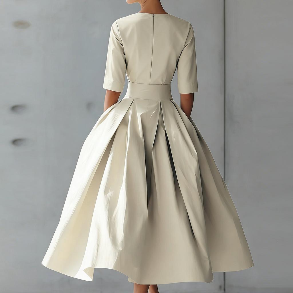 Elegant Women's Midi Dress with Waist Belt and Flared Skirt Classic Round Neck Half Sleeve Formal Wear for Various Occasions