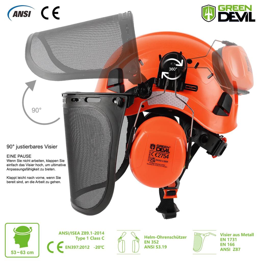 GREEN DEVIL Forestry for Chainsaw Grass Face Construction Retractable Sun Hard Impact EN397 Helmet, Work, Mowing, Guard, Helmet, Visor, Earmuffs,