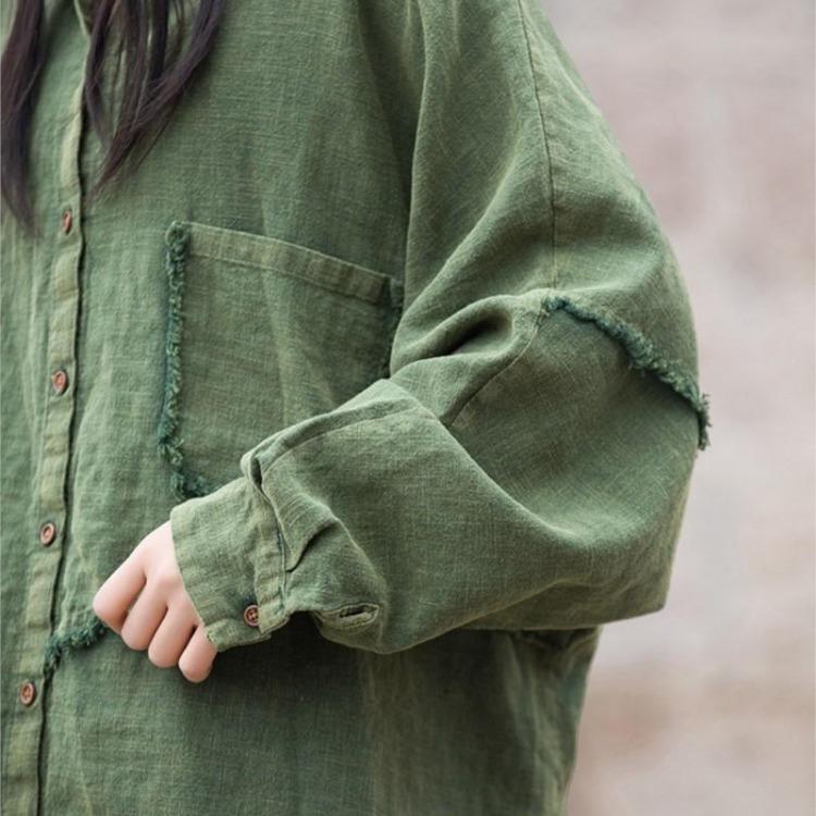 Vintage Lapptäcke Ramie Skjorta för Kvinnor Lös Vårtopp Enfärgad Knappfickor