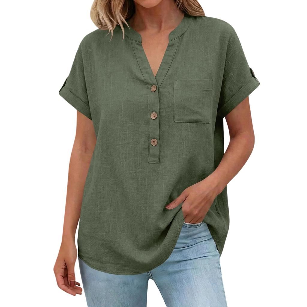 Women's Color Shirt Short Sleeve Button Casual Cotton And Hemp Pocket Top