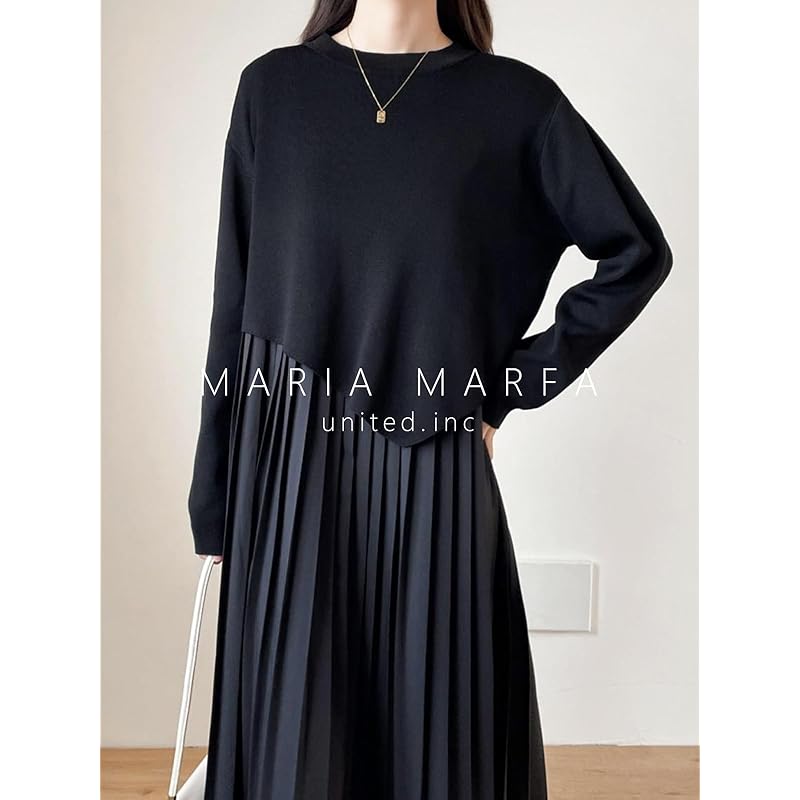 [MARIA MARFA] 2 piece set ladies knit one piece spring autumn long length casual large size Larger long sleeve black 5S-M04-BKL