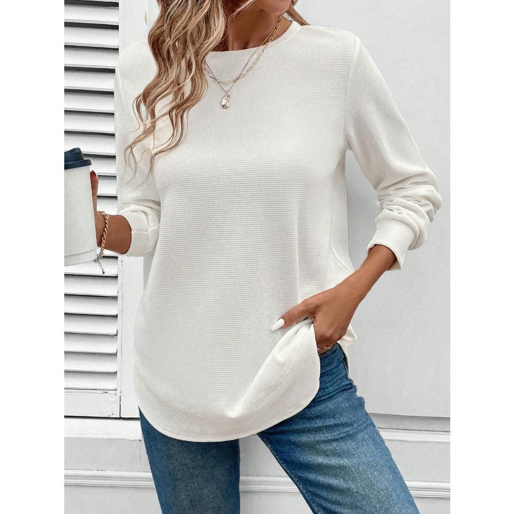 QICED Women's Fashion Casual Solid Color Print Long Sleeve O-Neck Blouses & Shirts