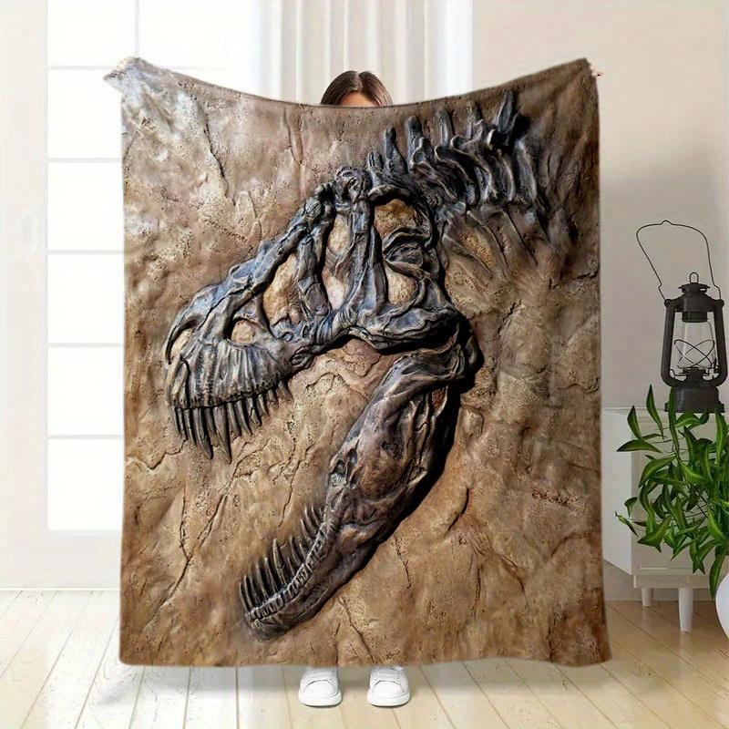 T-Rex Skull Flannel Throw Blanket, Jurassic Dinosaur Fossil Print, Lightweight All-Season for Sofa Bed Office Nap,Outdoor Picnic 75x90cm