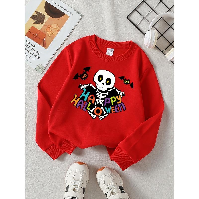 Kids Sweatshirt,Crew Neck Fashion Sweatshirt for Halloween Featuring Skeletons And Bats, a Stylish Autumn And Winter Top