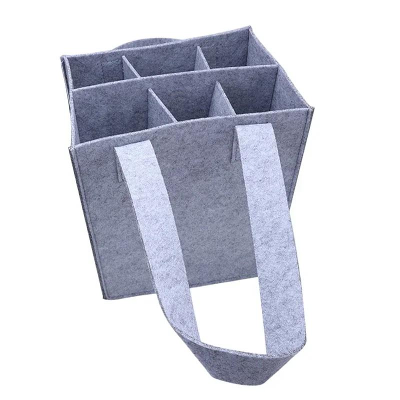 Portable Felt Wine Carrier Bag for 6 Bottles with Divider, Reusable Wine Tote with Handle, Grey Wine Bottle Holder for Travel
