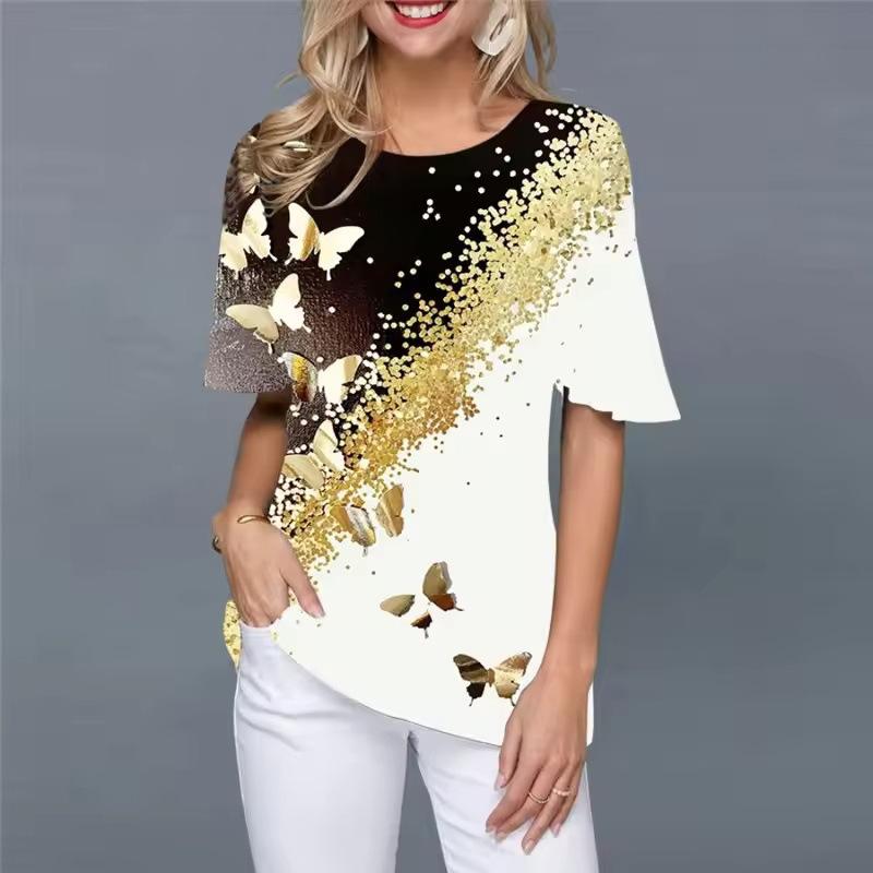 

3D Gradient Printed Casual Round Neck Short Sleeved Top with Butterfly Pattern Printed Women s T-shirts XS