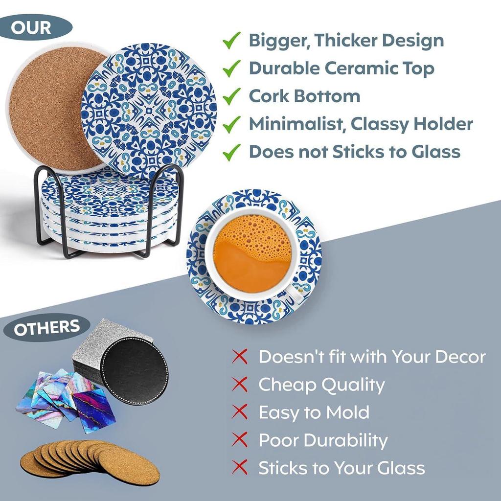 Keramikuntersetzer mit matter Oberfläche und Korkbasis | Untersetzer für Tassen 6er Set |