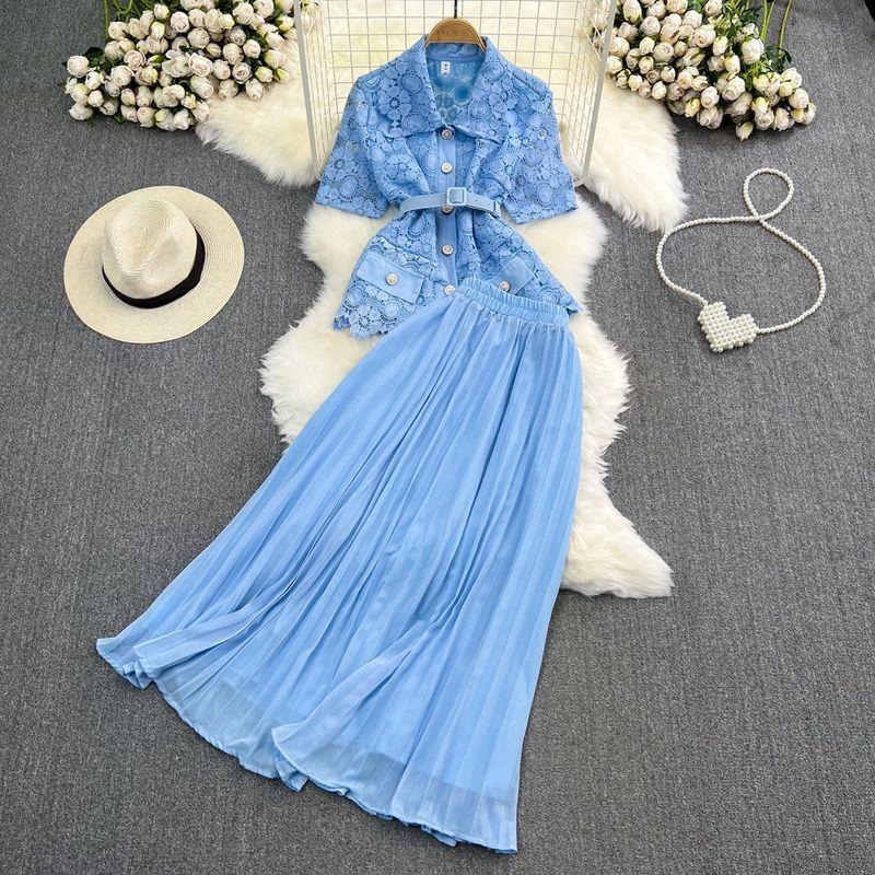 Single-Breasted Lace Pleated Skirt Fashion Suit
