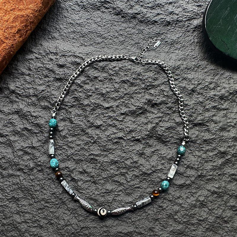 Gaga Retro Silver Beaded Fish Necklace - Ethnic Style Clavicle Chain with Versatile Design