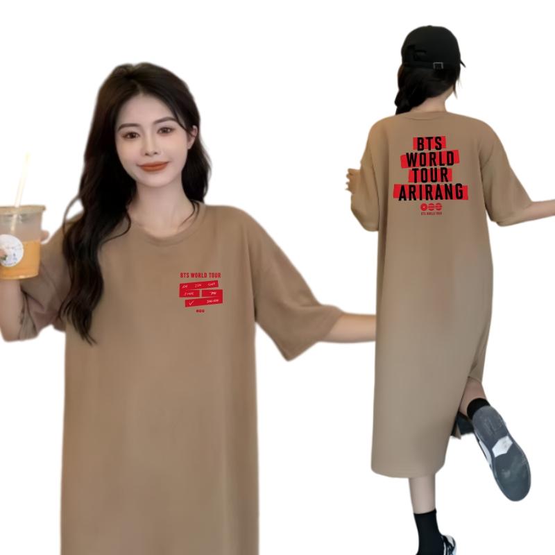 Vestito T-shirt Rotondo Larga Taglia con Fantasia Stampata, Modello Lungo, Camicia da Notte da Donna Stile Rilassato al Ginocchio