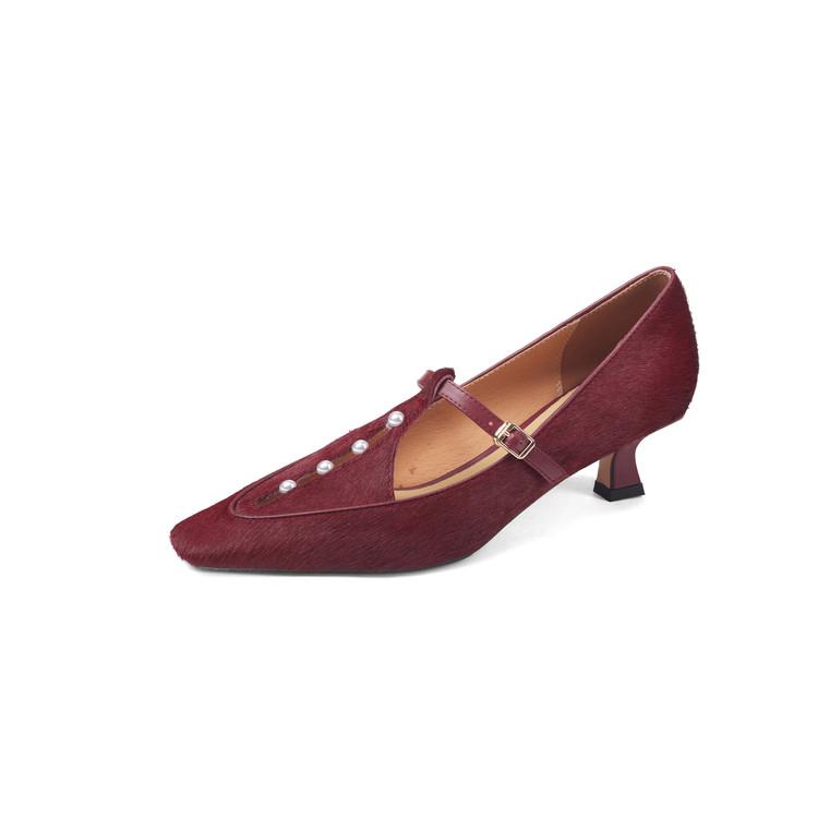 

Fashion New Summer Horsehair Women Pumps Shoes for Women Fashion Pearl Square Toe Mary Jane Shoes Women Belt Buckle Ladies Shoes 34 вино красного