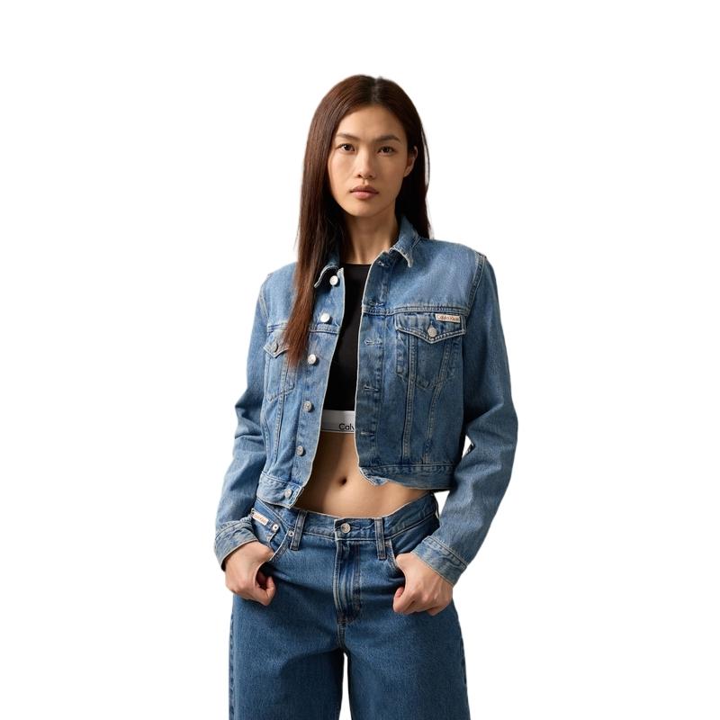 Calvin Klein Vintage Style Double Pocket Cotton Short Denim Jacket Women Jackets Light-Blue J224542