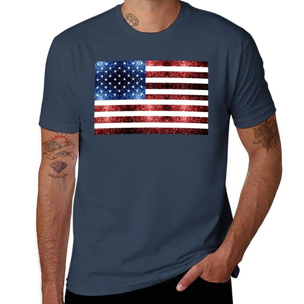 USA flag red blue faux sparkles glitters TShirt Plus Size Outdoor Casual Top