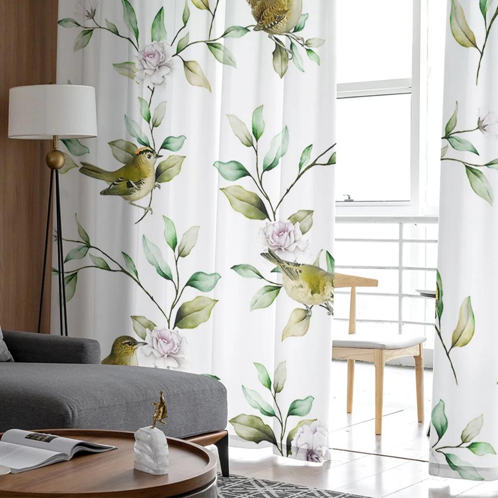 Plants Flowers Watercolor Birds Tulle Curtains for Living Room Sheer Curtain for Bedroom Kitchen Blinds Voile Curtains