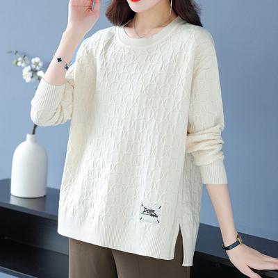 Spring and Autumn Women's Plus Size Knit Sweater Thin Loose Crew Neck Pullover Knitwear Short Slit Stretch Knit Top Jumper