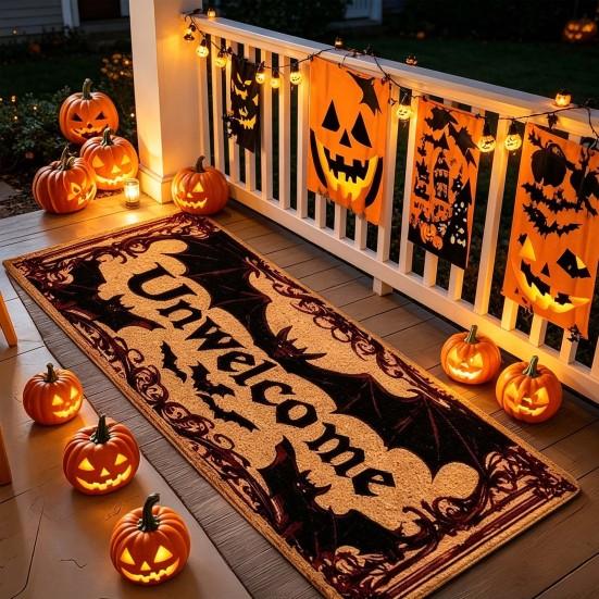 Yousheng Halloween Kitchen Rug, Pumpkin Bat Black Cat Non-slip Floor Mat, Spooky Entrance Rug, Festive Decorative Rug for Bedroom Living Room