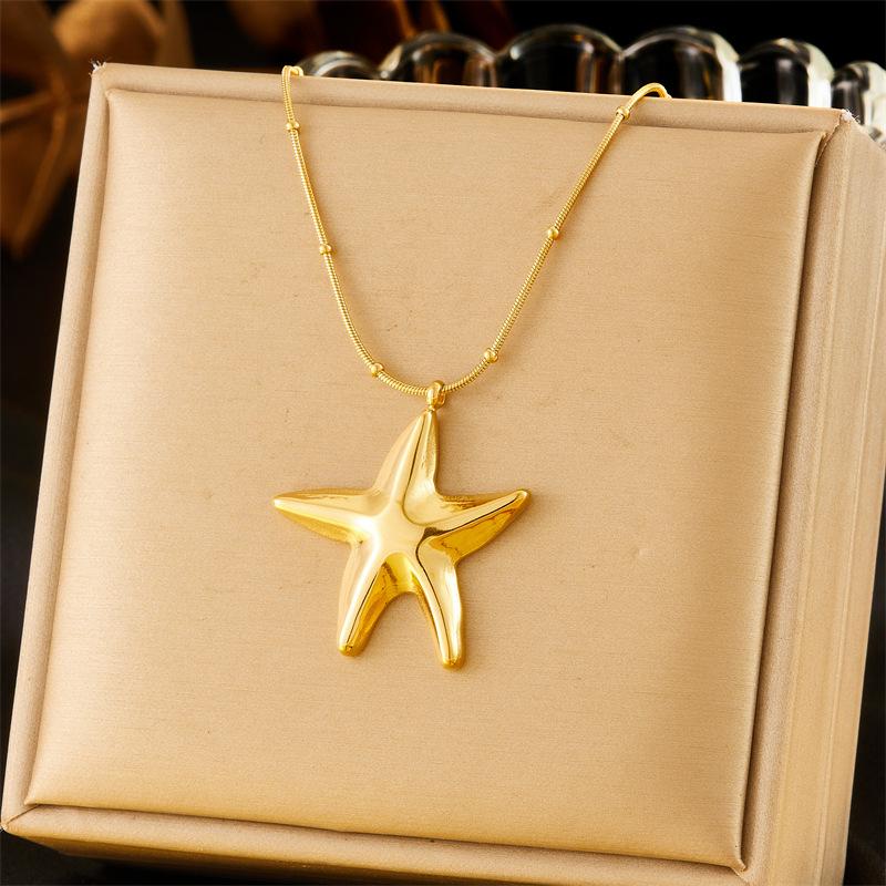Gold Starfish Pendant Necklace, Dainty Beaded Box Chain Necklace, Chunky Ocean Jewelry for Women Daily Wear Gift