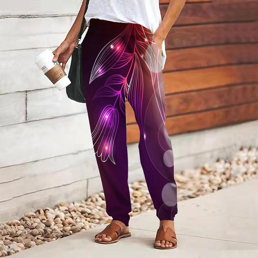 Women Multicolored Printing Pants Lace Up Elastic Waist Loose  Trousers Casual Long Pants Trousers with Pockets