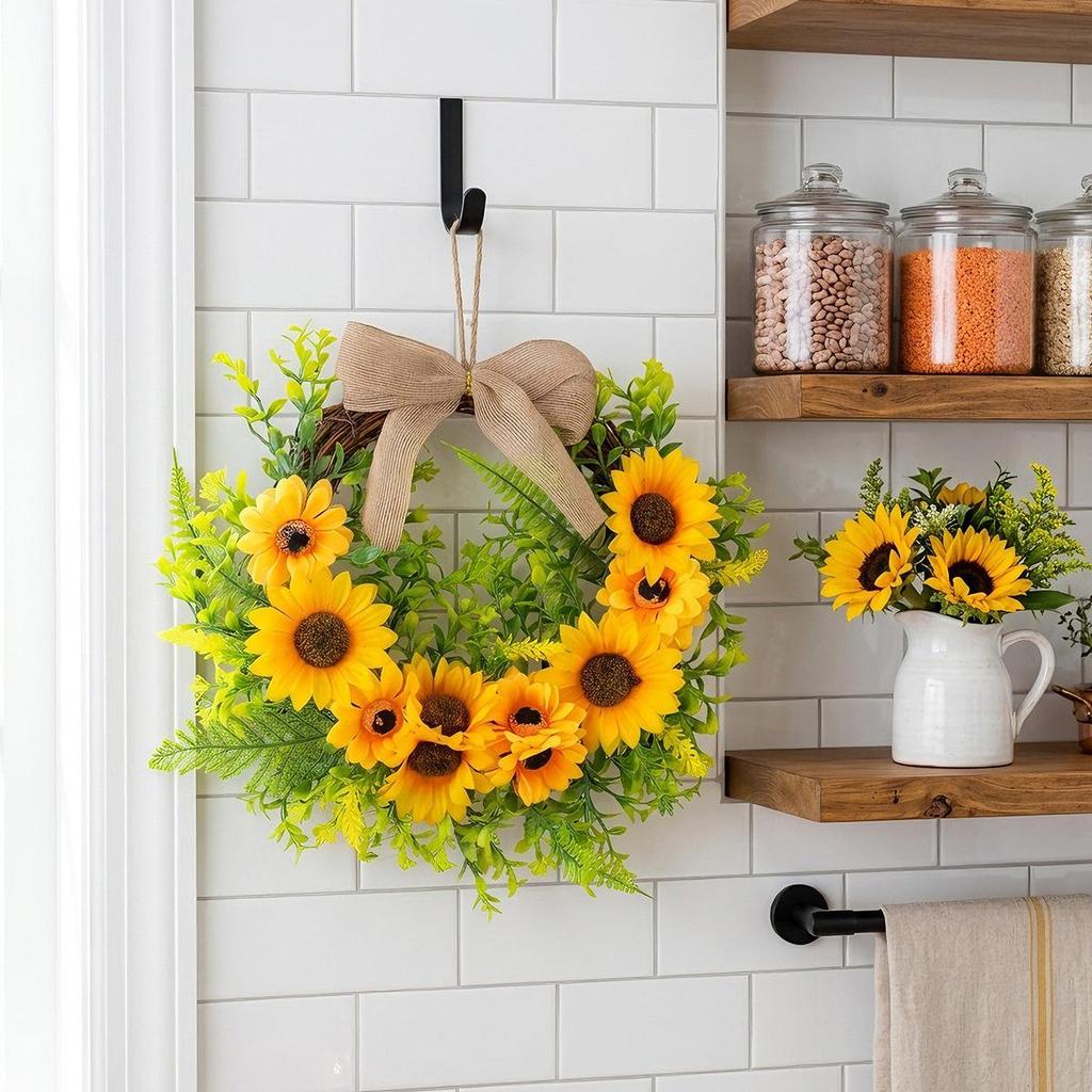 Christmas Sunflower & Bee Door Wreath - Semicircle Ornament for Festive Courtyard Decoration