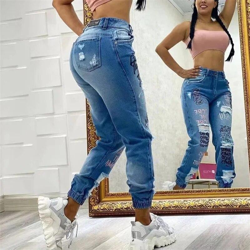Móda pro ženy plus size Roztrhané džíny s vysokým pasem Ležérní dlouhé kalhoty Džínové džíny s dírami Tužkové džíny Skinny kalhoty Kalhoty