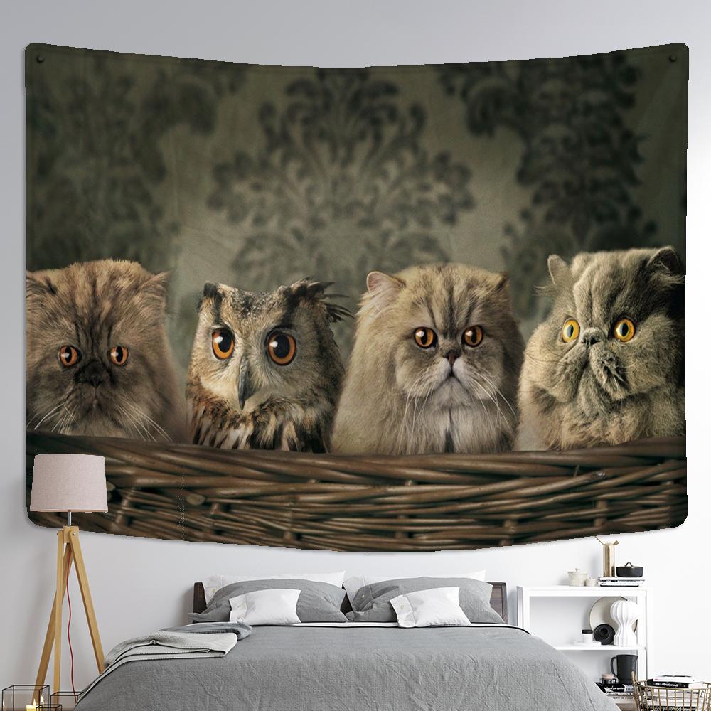 

Гобелен с изображением кота и совы, настенный богемный милый домашний гобелен, простые растерянные глаза, хиппи, настольный коврик, домашний декор для спальни 230x180CM