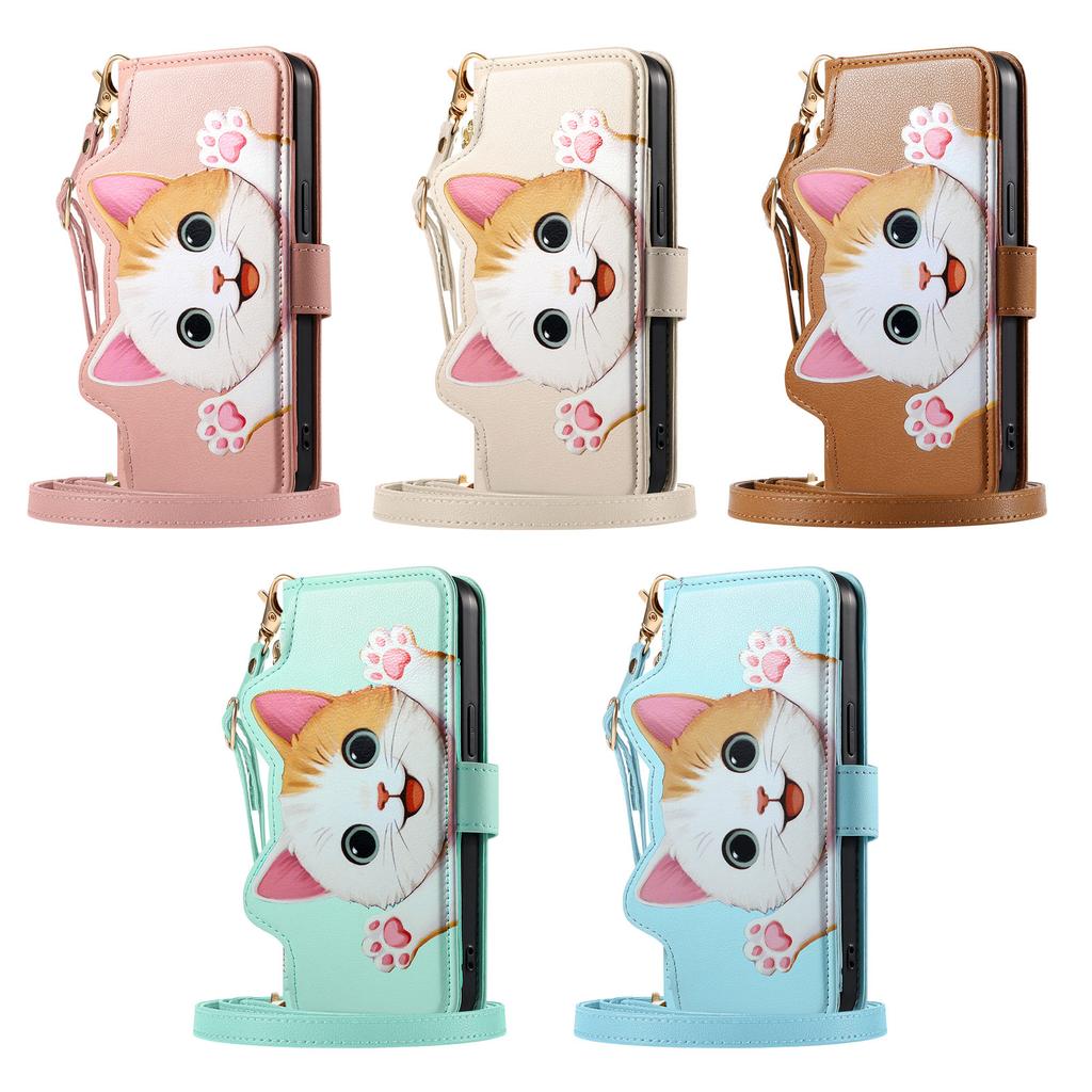 Cute Cat Crossbody Long Lanyard Flip Wallet Leather Case For Samsung S26 Ultra S25 S24 Plus S23 A27 A17 A37 A16 Shockproof Cover