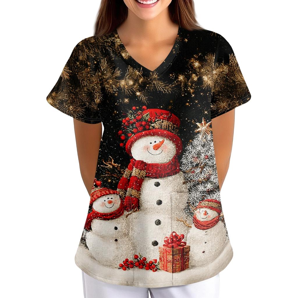 Women's Christmas Print Loose Fit V-Neck Short Sleeve Scrub Top with Pockets for Work