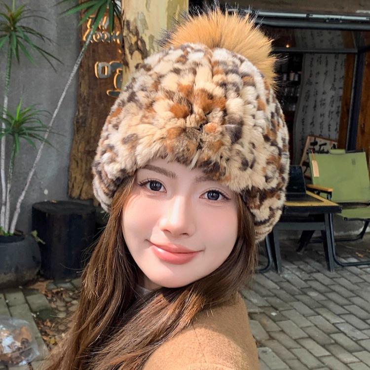 Retro Leopard Print Real Rabbit Hair Hat Women's Autumn and Winter Korean Version Warm Windproof Ear Protection Hat Hairball Knitted Hat Headgear