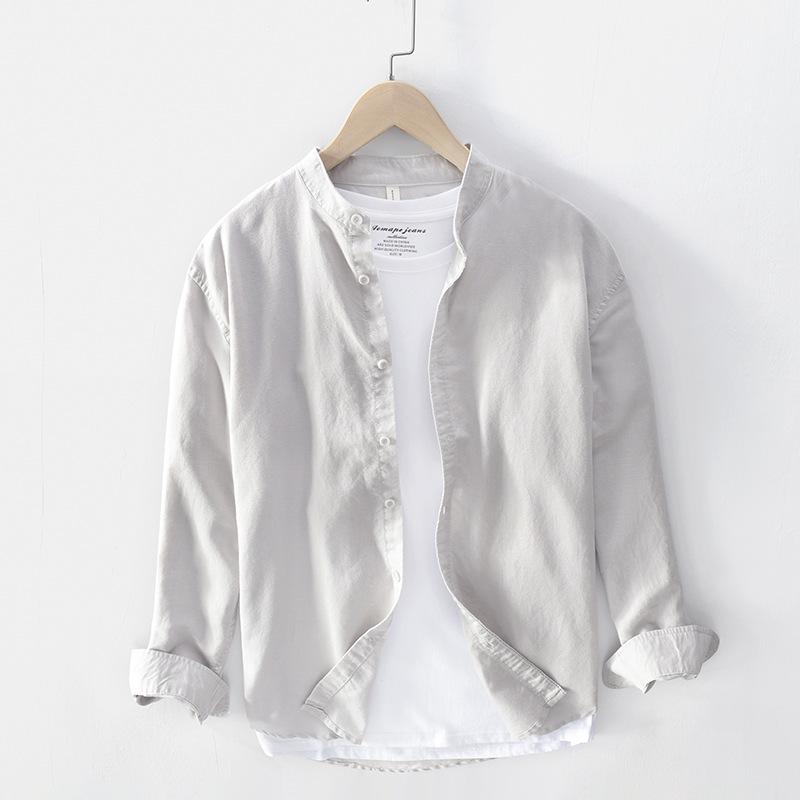 

Men s Stand Collar Cotton Linen Shirt XL серый