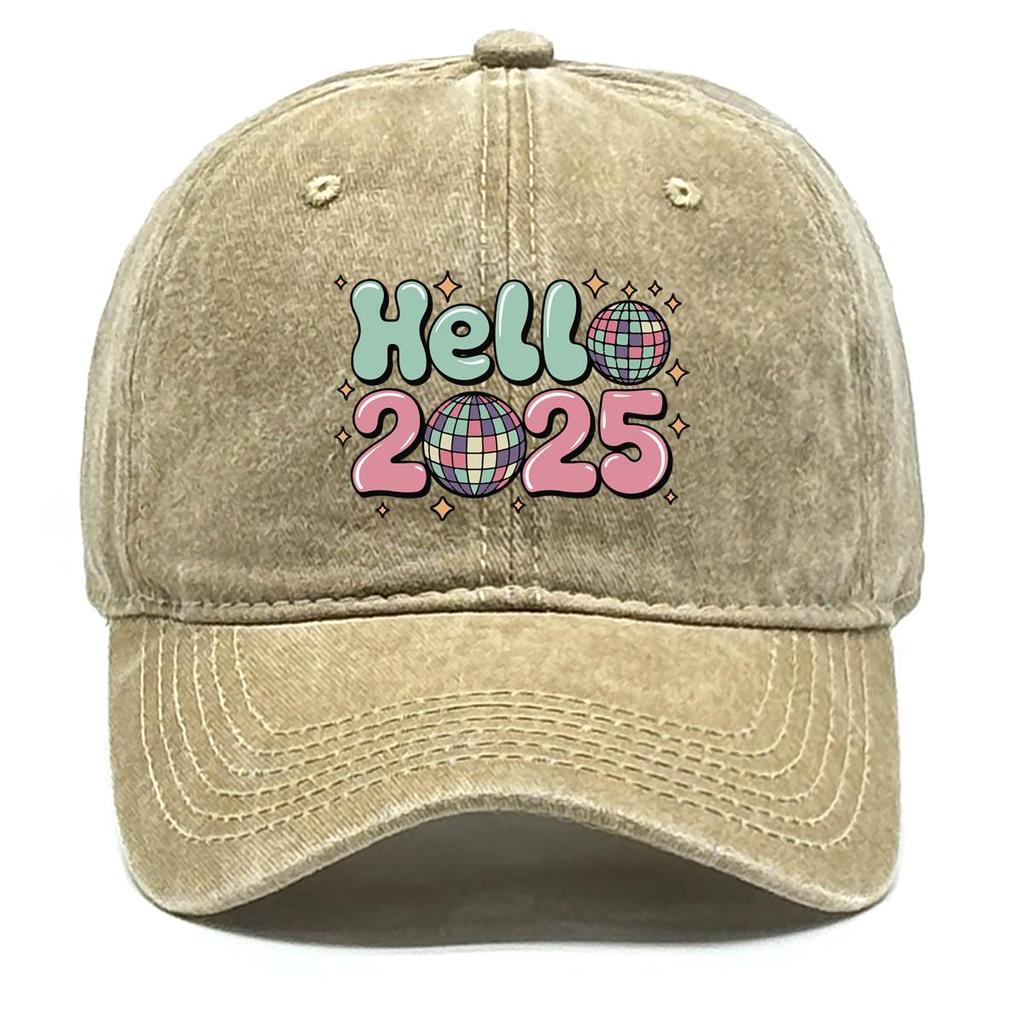 HELLO 2025" Disco Ball Print Snapback Sun Hat, Sports Hat Unisex Trendy Raw Brim Sunshade Adjustable Baseball Hat