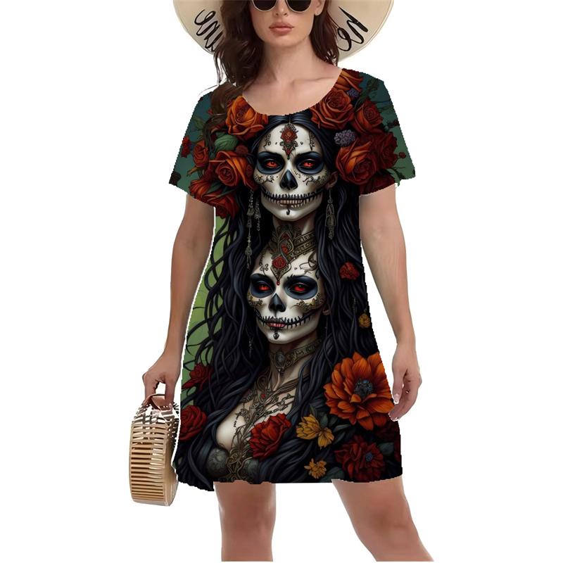 3D Vintage Rose Skull Graphic Print Dress Gothic Style Mini Dress Women Summer Short Sleeve O-Neck Casual A-Line Dress Vestidos