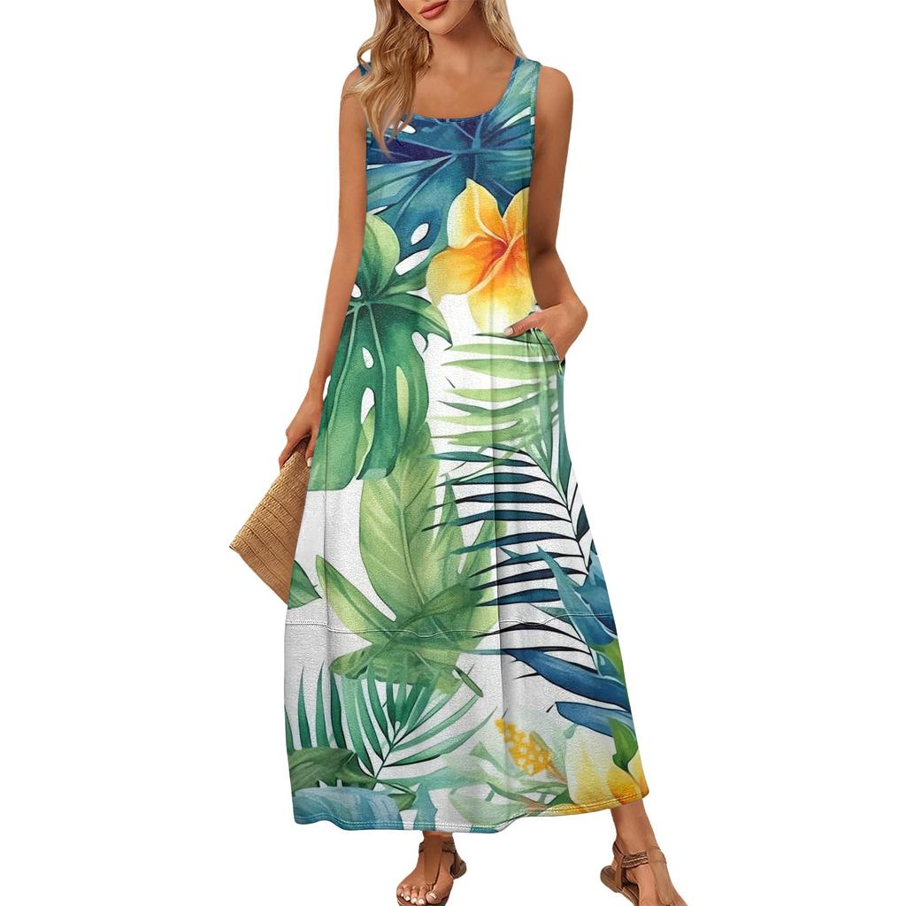 Damen Sommer Mode Rundhals Ärmellos Strandkleid Kleider mit Blumendruck