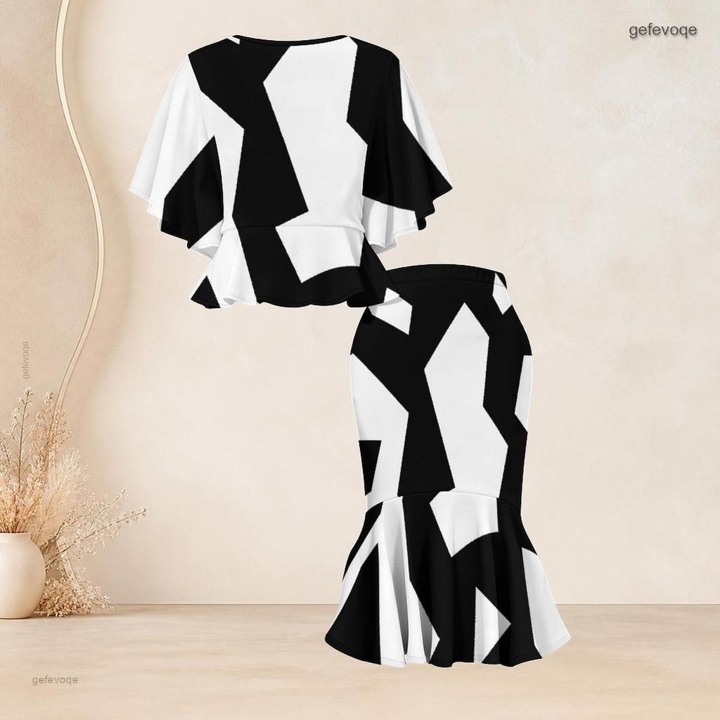 Women Plus Size Two Piece Outfit Round Neck Batwing Sleeve Geometric Printed Ruffle Hem Top Fishtail Skirt Set