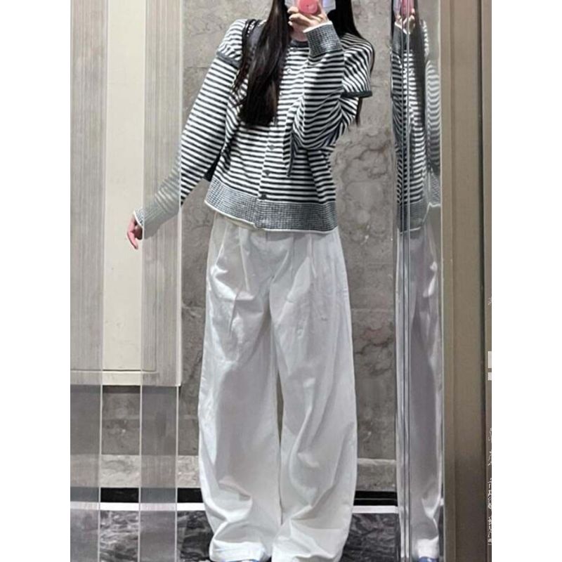 145 Small Hong Kong Style White High-Waist Straight-leg Mop Wide Leg Pants Female Pear-Shaped Figure Flab Hiding Draped Pants