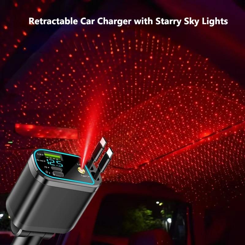 4 In 1 120W Retractable Car Charger Starlight In Car Roof,with ambient light and Star Night Light Type C Fast Charging Adapter,Dual Cable Car Charger