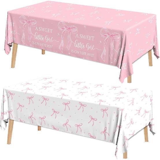 2Pcs A Sweet Little Girl is on Her Way Tablecloths,Pink Bow Baby Shower Decorations Coquette Bow Plastic Table Cover Pink Bow Birthday Party