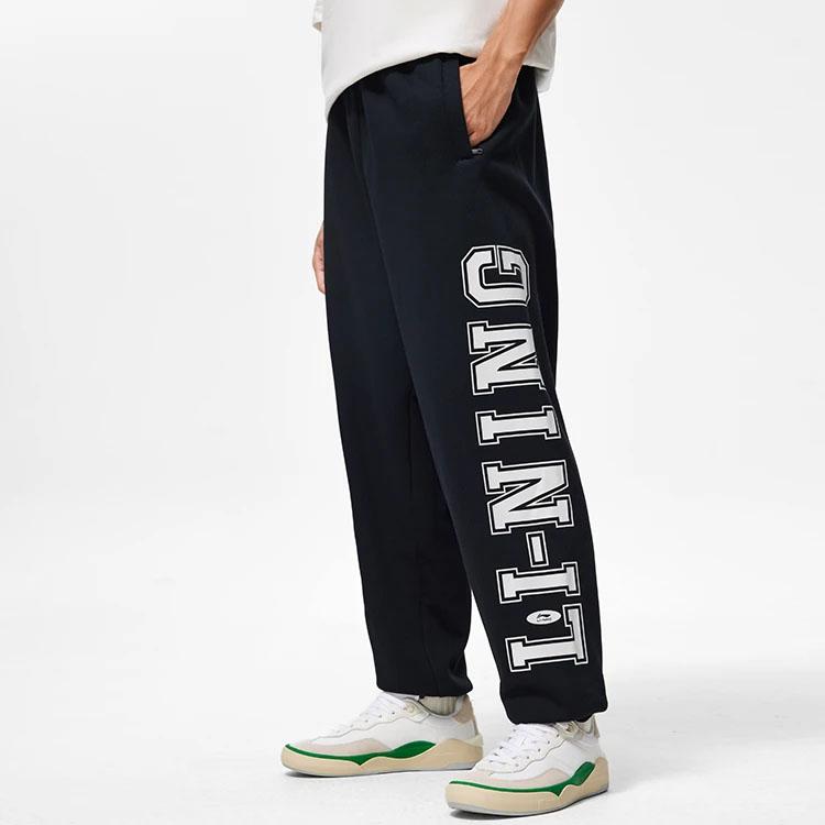 Li Ning Sports Lifestyle Series Letter Mid Waist Cuffed Casual Versatile Fleece Knitted Sports Pants Men Pants Black AKLTB29-6