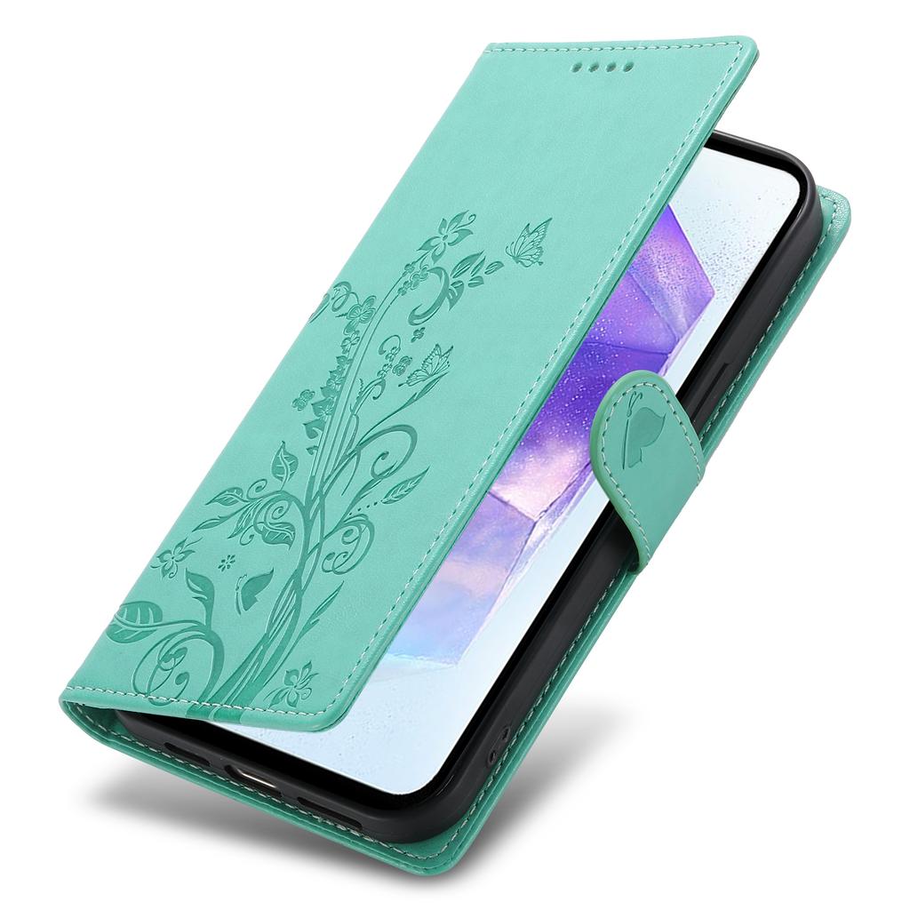 For Samsung Galaxy A16 5G/4G Wallet Case Butterfly Floral Imprint PU Leather Phone Cover with Wrist Strap