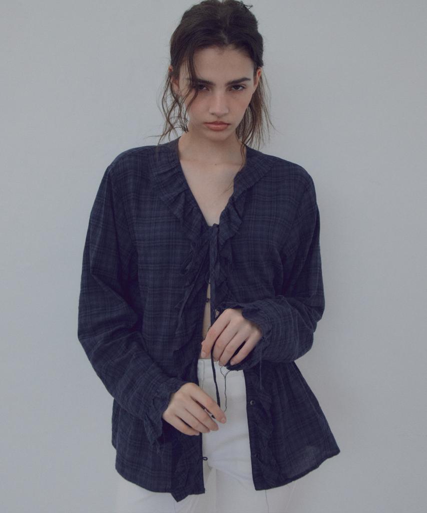 CITTA Ruffle Check Shirring Blouse_Ctt3045(Navy)