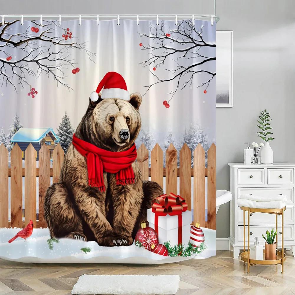 Funny Christmas Animals Shower Curtain Cute Puppy Dinosaur With Christmas Hat Flamingo Fabric Home Bath Curtains Bathroom Decor