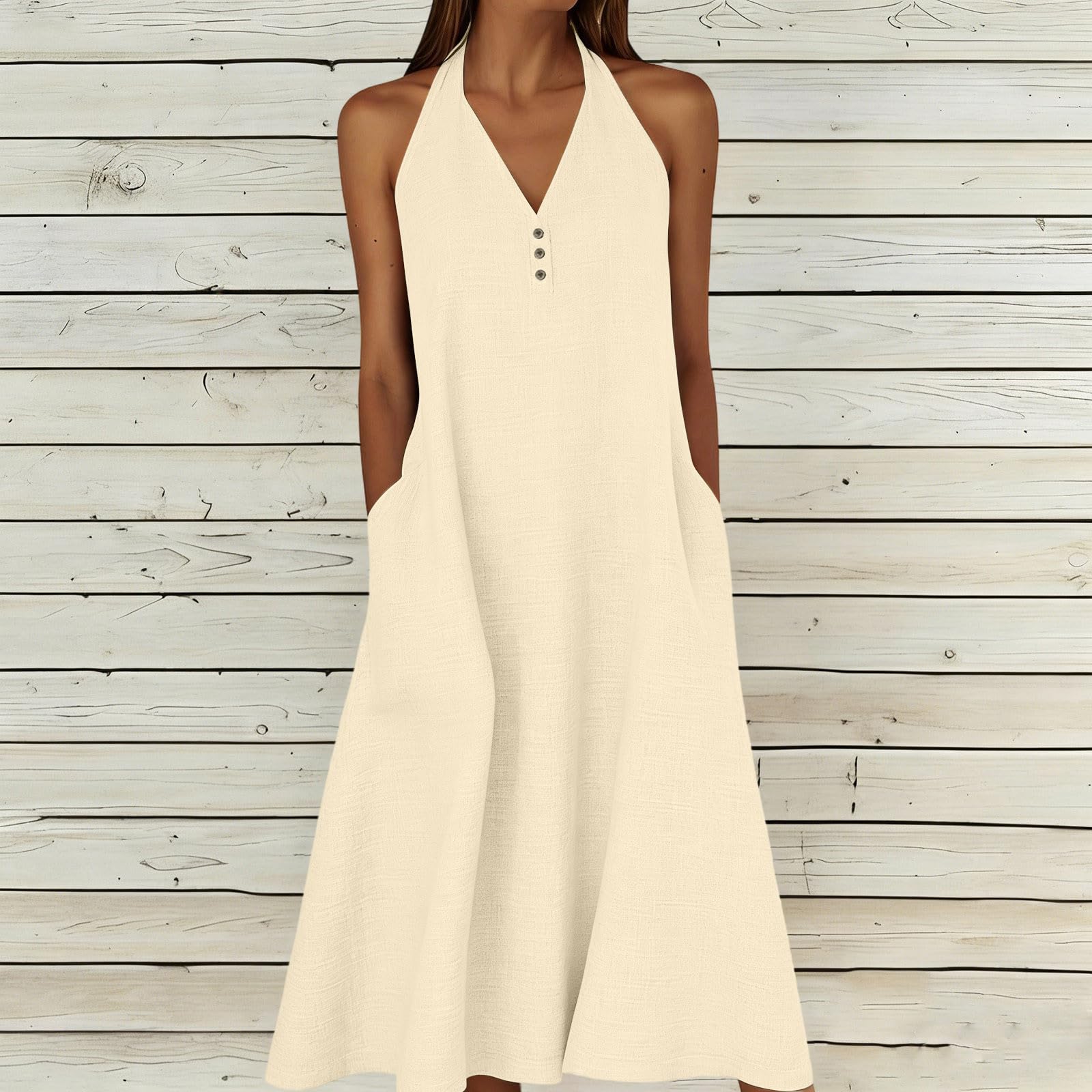 

Fashion Women s Summer Dress Cotton Linen V-neck Backless Dress With Pockets Sun Skirt XL бежевый