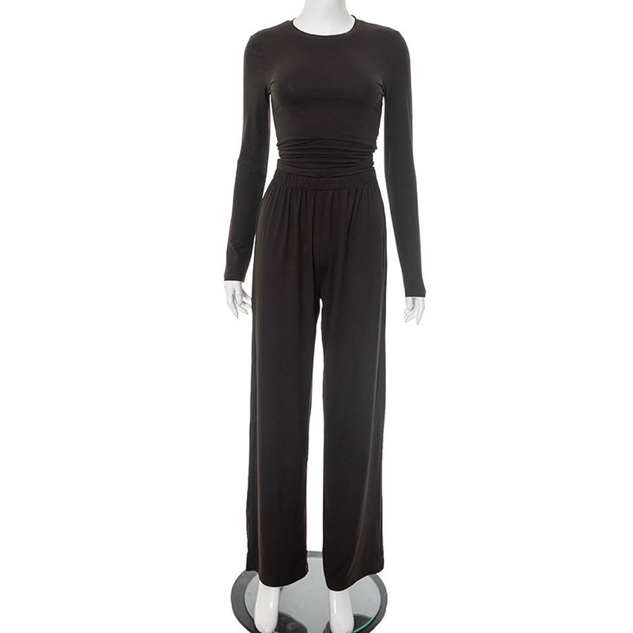 Women's Spring/Autumn New Casual Solid Color Crew Neck Long Sleeve Basic Wide Leg Pants Set