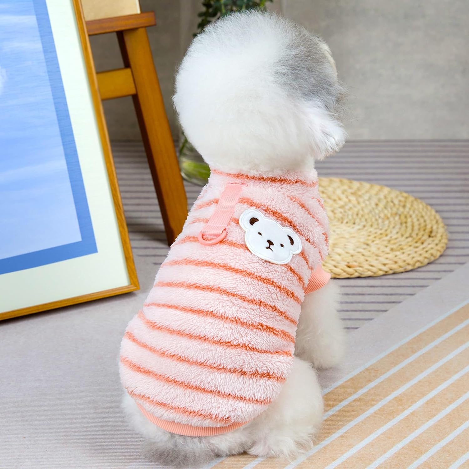 

Свитер для домашних животных, полосатый свитер для щенков, зимняя одежда для маленьких собак, теплая трикотажная одежда для кошек, вязаная одежда для собак с D-образным кольцом XXL розовый