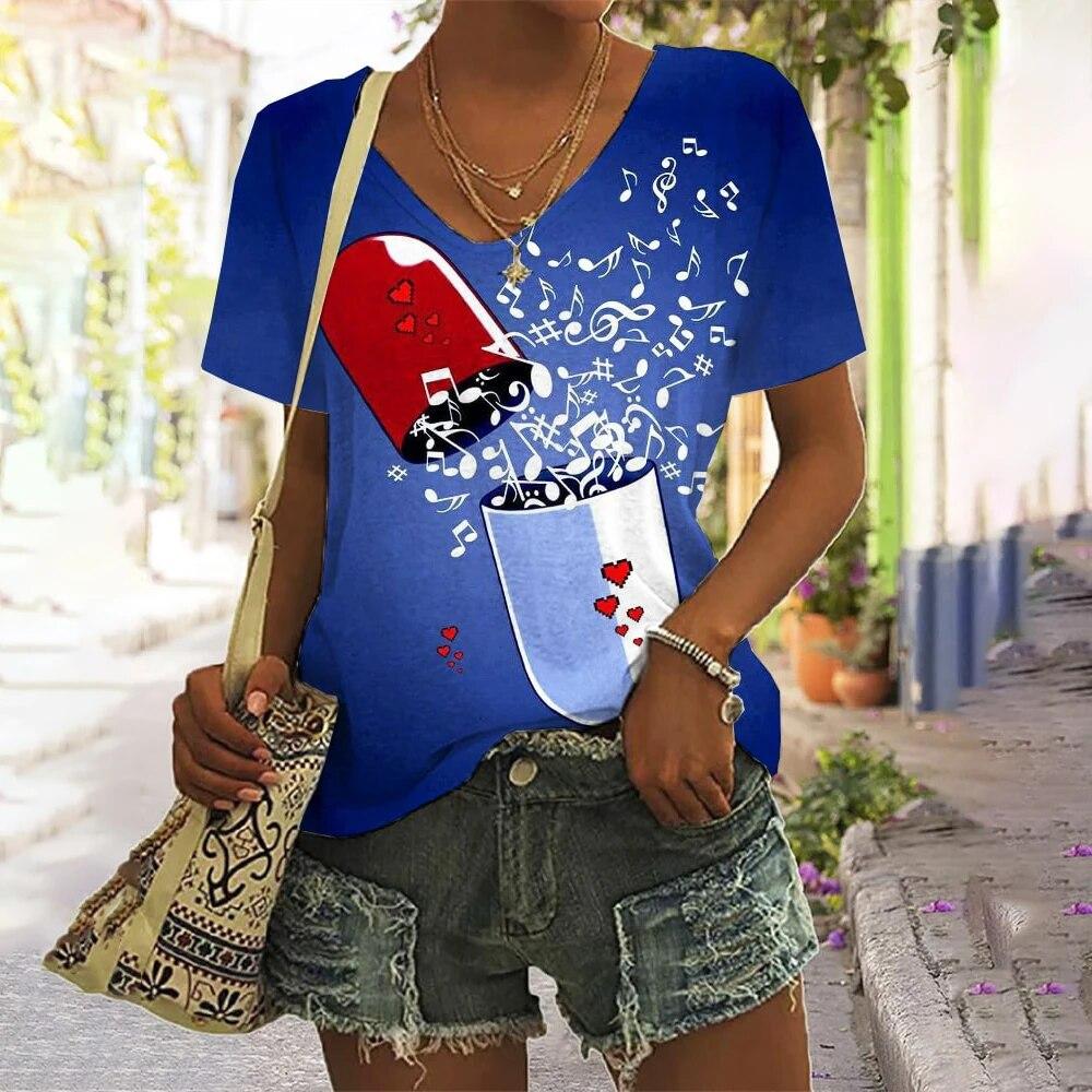 Music Notes 3d Printing Women's Casual Fashion Street Short-sleeved V-neck T-shirt