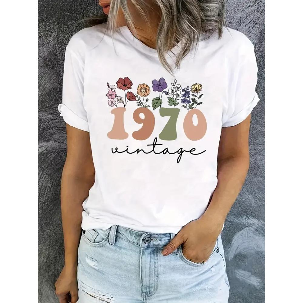 

Summer 1970 Retro Birth Year Digital Flower Print Women s T-shirt Casual Simple Round Neck Short Sleeve Top women clothes S