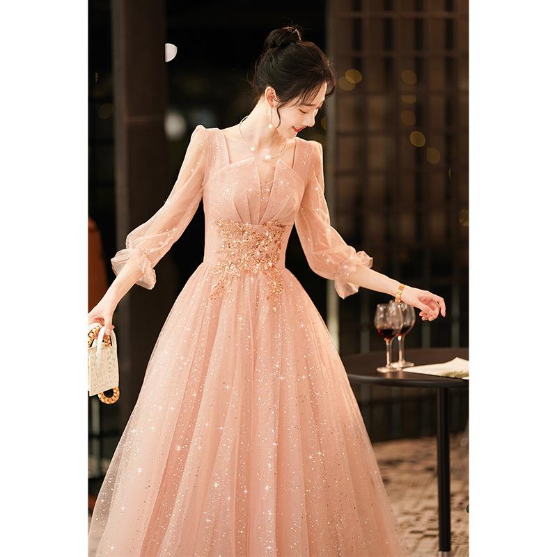 Pink Evening Dress Women's 1011 New Banquet Temperament Socialite French Evening Dress Host Dignified Atmospheric Dress