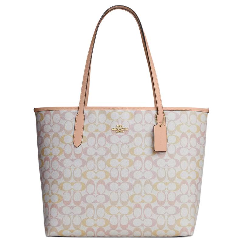 

COACH City 33 classic presbyopic letters all over printed artificial leather tote bag hand shoulder bag large size women s light yellow жовтий